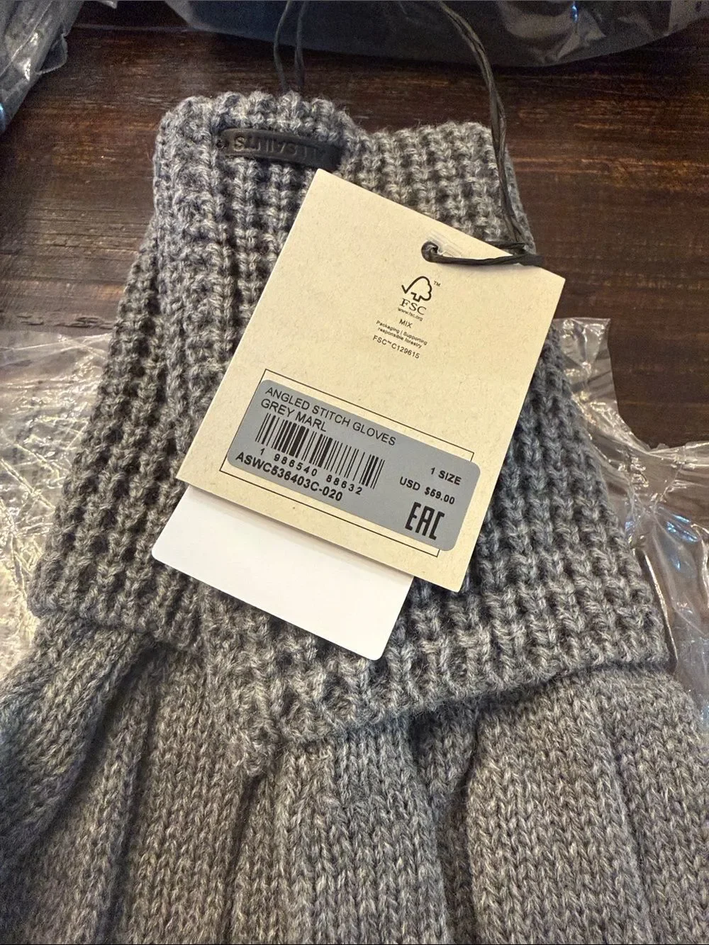 All Saints Gloves Light Grey Mixed Stitch Knit Wool Blend Outdoor Winter